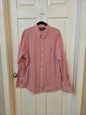 Ralph Lauren Classic Fit Button Down Shirt Men's XL 17.5 Red White Stripe Cotton
